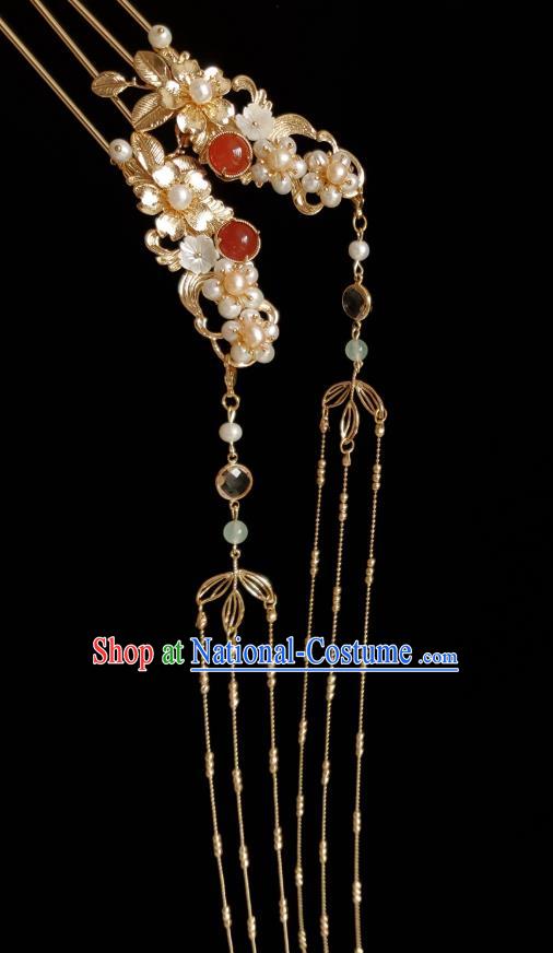 Chinese Ancient Empress Golden Tassel Pearls Hairpins Hair Accessories Handmade Ming Dynasty Hanfu Hair Stick