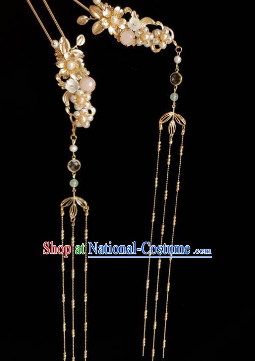 Chinese Ancient Empress Pink Chalcedony Hairpins Hair Accessories Handmade Ming Dynasty Hanfu Golden Tassel Pearls Hair Stick