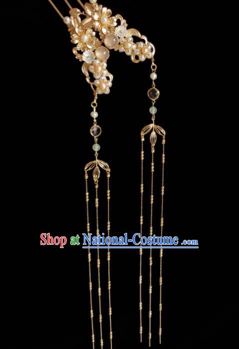 Chinese Ancient Empress Chalcedony Pearls Hairpins Hair Accessories Handmade Ming Dynasty Hanfu Golden Tassel Hair Stick