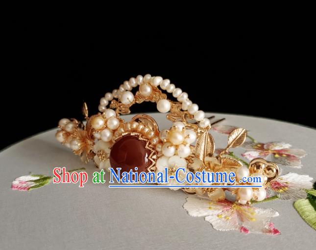 Chinese Ancient Empress Red Stone Hair Crown Hairpins Hair Accessories Handmade Ming Dynasty Hanfu Pearls Hair Stick