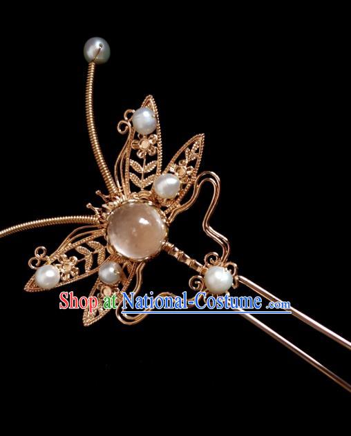 Chinese Ancient Royal Princess Albite Hairpins Hair Accessories Handmade Ming Dynasty Hanfu Golden Dragonfly Hair Stick