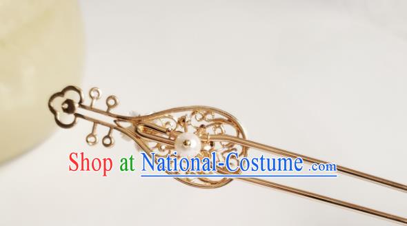 Chinese Ancient Royal Princess Hair Accessories Handmade Ming Dynasty Hanfu Golden Lute Hairpins