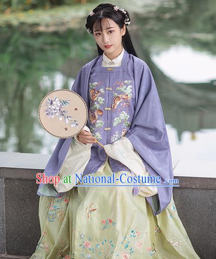 Chinese Traditional Ming Dynasty Historical Costumes Ancient Nobility Female Hanfu Dress Embroidered Purple Blouse and Skirt Full Set