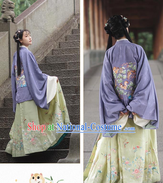 Chinese Traditional Ming Dynasty Historical Costumes Ancient Nobility Female Hanfu Dress Embroidered Purple Blouse and Skirt Full Set