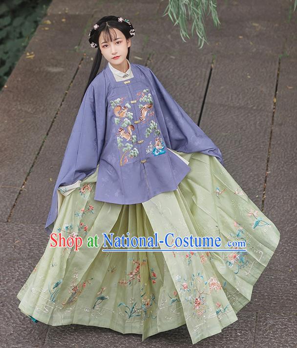 Chinese Traditional Ming Dynasty Historical Costumes Ancient Nobility Female Hanfu Dress Embroidered Purple Blouse and Skirt Full Set