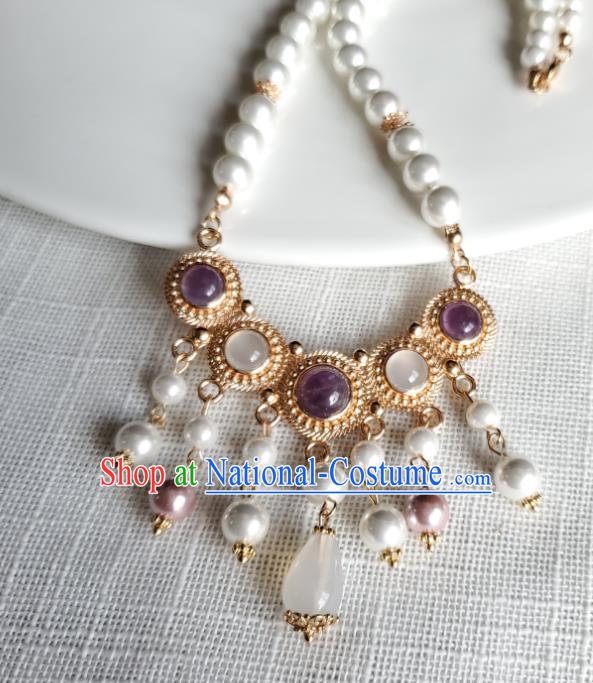 Chinese Handmade Pearls Necklet Classical Jewelry Accessories Ancient Princess Hanfu Amethyst Necklace for Women