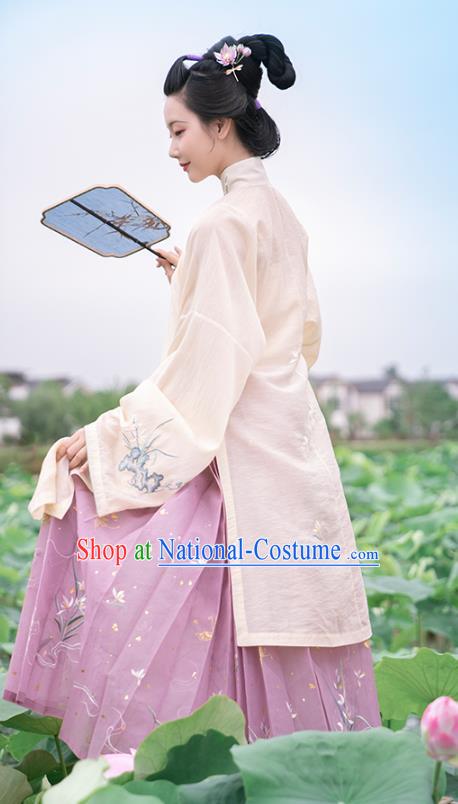 Chinese Ancient Ming Dynasty Patrician Lady Historical Costumes Traditional Hanfu Dress Embroidered Orchids Gown and Skirt Full Set