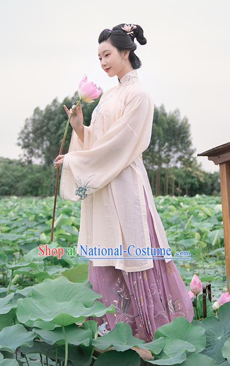 Chinese Ancient Ming Dynasty Patrician Lady Historical Costumes Traditional Hanfu Dress Embroidered Orchids Gown and Skirt Full Set