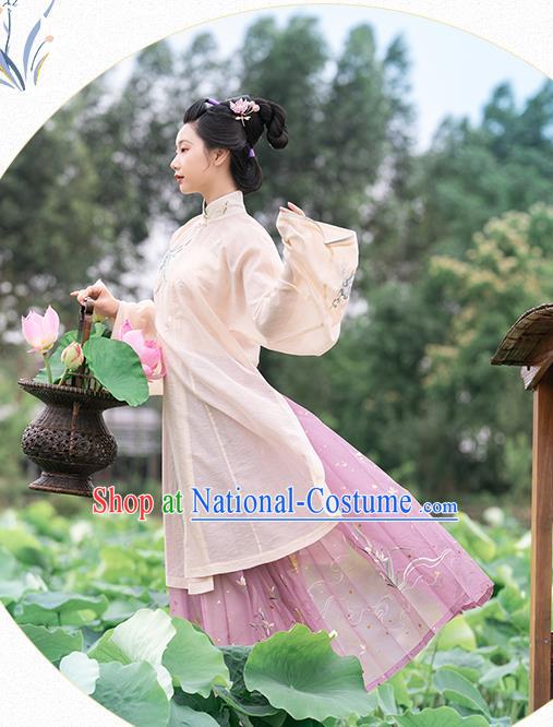 Chinese Ancient Ming Dynasty Patrician Lady Historical Costumes Traditional Hanfu Dress Embroidered Orchids Gown and Skirt Full Set