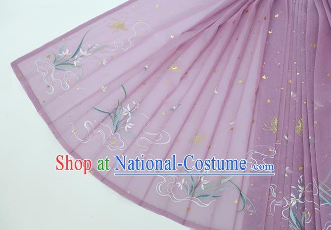 Chinese Ancient Ming Dynasty Patrician Lady Historical Costumes Traditional Hanfu Dress Embroidered Orchids Gown and Skirt Full Set