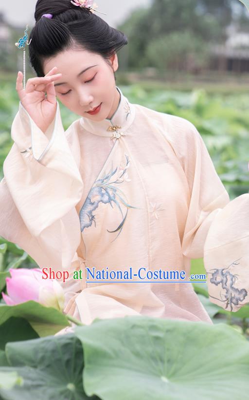 Chinese Ancient Ming Dynasty Patrician Lady Historical Costumes Traditional Hanfu Dress Embroidered Orchids Gown and Skirt Full Set