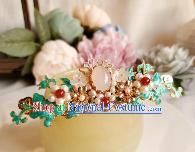 Chinese Ancient Princess Agate Pearls Hair Crown Hair Accessories Handmade Ming Dynasty Hanfu Blueing Jasminum Hairpins