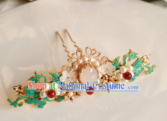 Chinese Ancient Princess Agate Pearls Hair Crown Hair Accessories Handmade Ming Dynasty Hanfu Blueing Jasminum Hairpins