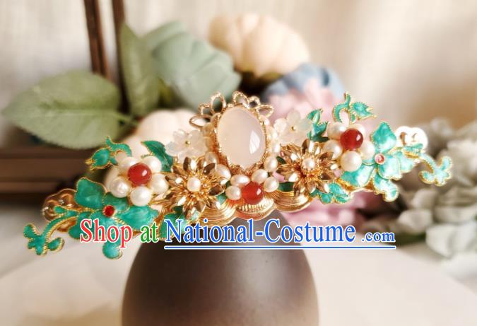 Chinese Ancient Princess Agate Pearls Hair Crown Hair Accessories Handmade Ming Dynasty Hanfu Blueing Jasminum Hairpins