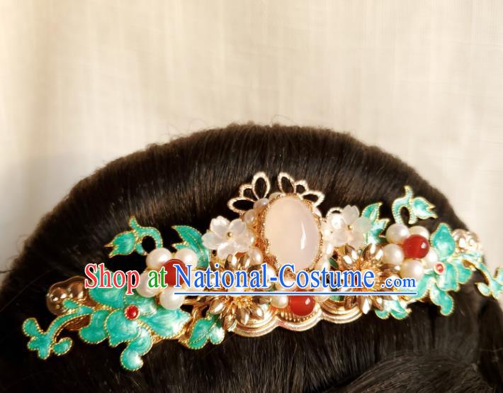 Chinese Ancient Princess Agate Pearls Hair Crown Hair Accessories Handmade Ming Dynasty Hanfu Blueing Jasminum Hairpins