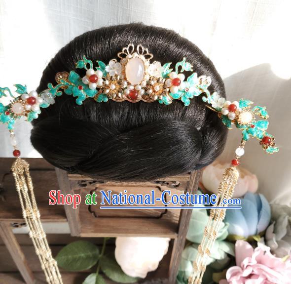 Chinese Ancient Princess Agate Pearls Hair Crown Hair Accessories Handmade Ming Dynasty Hanfu Blueing Jasminum Hairpins