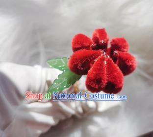 Chinese Ancient Qing Dynasty Red Velvet Chrysanthemum Hair Stick Handmade Hair Accessories Hanfu Princess Hairpins