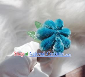 Chinese Ancient Qing Dynasty Blue Velvet Chrysanthemum Hair Stick Handmade Hair Accessories Hanfu Princess Hairpins