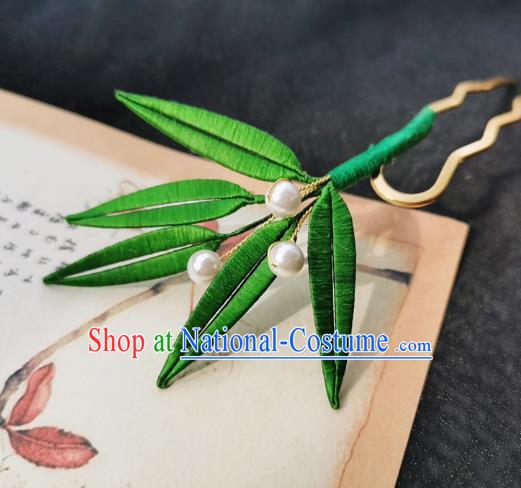 Chinese Classical Green Silk Bamboo Leaf Hair Stick Handmade Hanfu Hair Accessories Ancient Song Dynasty Court Lady Hairpins