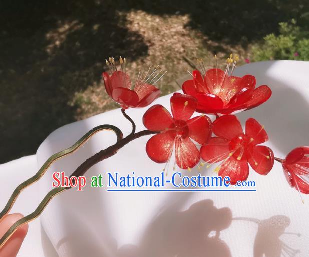 Chinese Classical Plum Blossom Hair Stick Handmade Hanfu Hair Accessories Ancient Song Dynasty Court Lady Red Flowers Hairpins