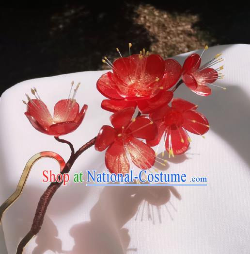 Chinese Classical Plum Blossom Hair Stick Handmade Hanfu Hair Accessories Ancient Song Dynasty Court Lady Red Flowers Hairpins