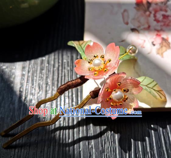 Chinese Classical Pink Sakura Hair Stick Handmade Hanfu Hair Accessories Ancient Song Dynasty Court Lady Flowers Hairpins