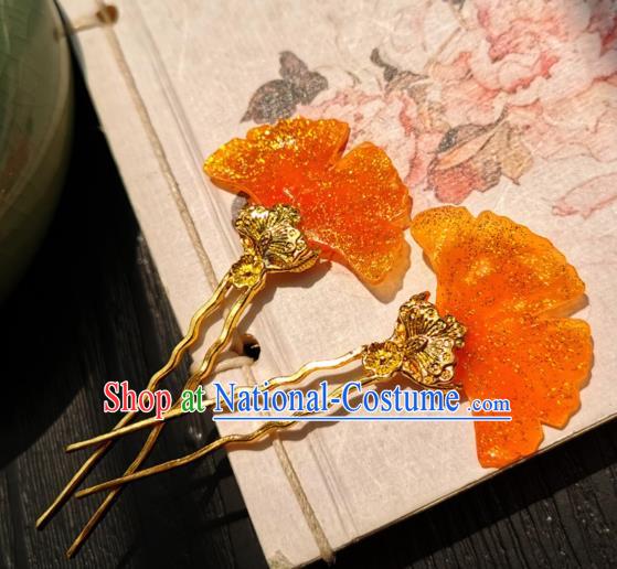 Chinese Classical Golden Hair Stick Handmade Hanfu Hair Accessories Ancient Song Dynasty Ginkgo Leaf Hairpins