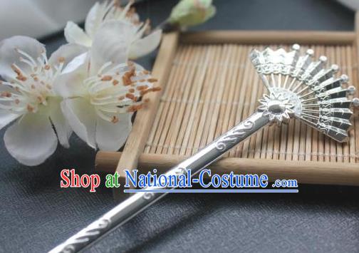 Chinese Classical Fan Hair Stick Handmade Hanfu Hair Accessories Ancient Song Dynasty Palace Argent Hairpins