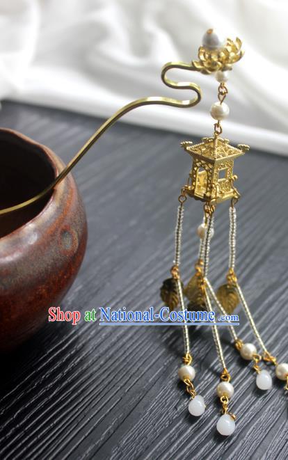 Chinese Classical Beads Tassel Hair Stick Handmade Hanfu Hair Accessories Ancient Ming Dynasty Golden Lotus Hairpins