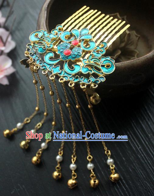 Chinese Classical Golden Bells Tassel Hair Comb Handmade Hanfu Hair Accessories Ancient Ming Dynasty Blueing Hairpins