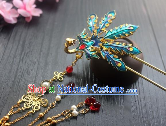 Chinese Classical Blueing Peacock Hair Stick Handmade Hanfu Hair Accessories Ancient Ming Dynasty Court Golden Tassel Hairpins