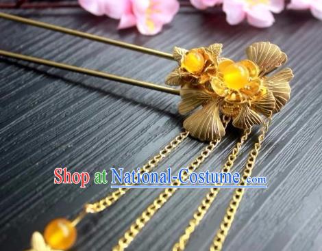 Chinese Classical Hair Stick Handmade Hanfu Hair Accessories Ancient Jin Dynasty Court Golden Ginkgo Leaf Tassel Hairpins