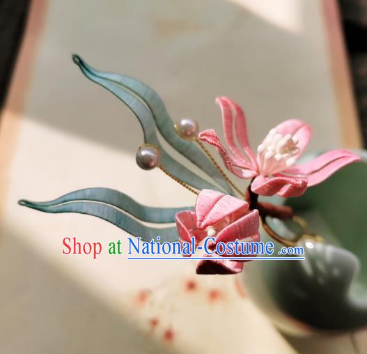 Chinese Classical Silk Peach Blossom Hair Stick Handmade Hanfu Hair Accessories Ancient Song Dynasty Princess Hairpins