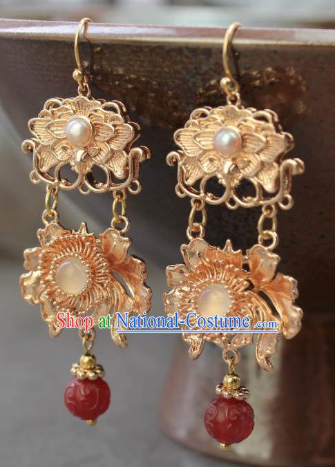 Chinese Handmade Agate Earrings Classical Jewelry Accessories Hanfu Ming Dynasty Princess Golden Lotus Eardrop