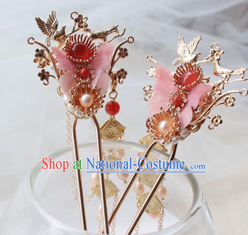 Chinese Classical Pink Silk Butterfly Hair Stick Handmade Hanfu Hair Accessories Ancient Ming Dynasty Princess Golden Hairpins