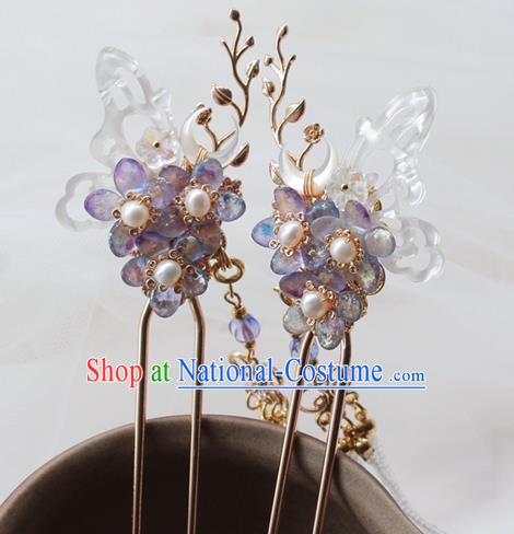 Chinese Classical Purple Plum Hair Stick Handmade Hanfu Hair Accessories Ancient Ming Dynasty Princess Butterfly Hairpins