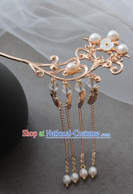 Chinese Classical Pearls Tassel Hair Stick Handmade Hanfu Hair Accessories Ancient Ming Dynasty Princess Golden Hairpins