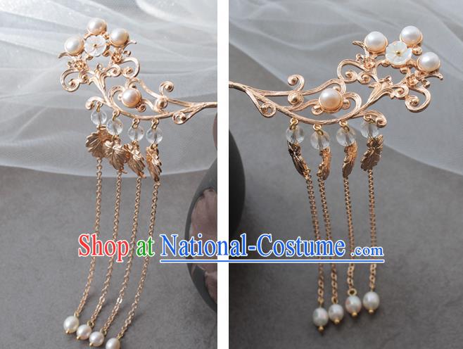 Chinese Classical Pearls Tassel Hair Stick Handmade Hanfu Hair Accessories Ancient Ming Dynasty Princess Golden Hairpins