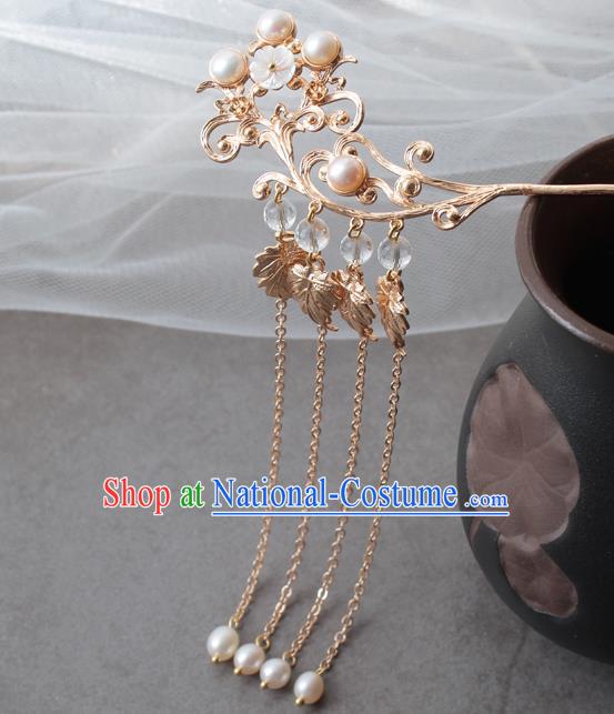 Chinese Classical Pearls Tassel Hair Stick Handmade Hanfu Hair Accessories Ancient Ming Dynasty Princess Golden Hairpins