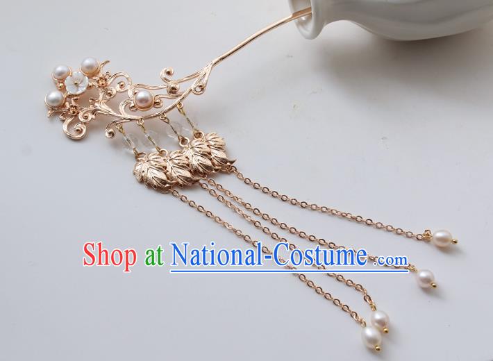 Chinese Classical Pearls Tassel Hair Stick Handmade Hanfu Hair Accessories Ancient Ming Dynasty Princess Golden Hairpins