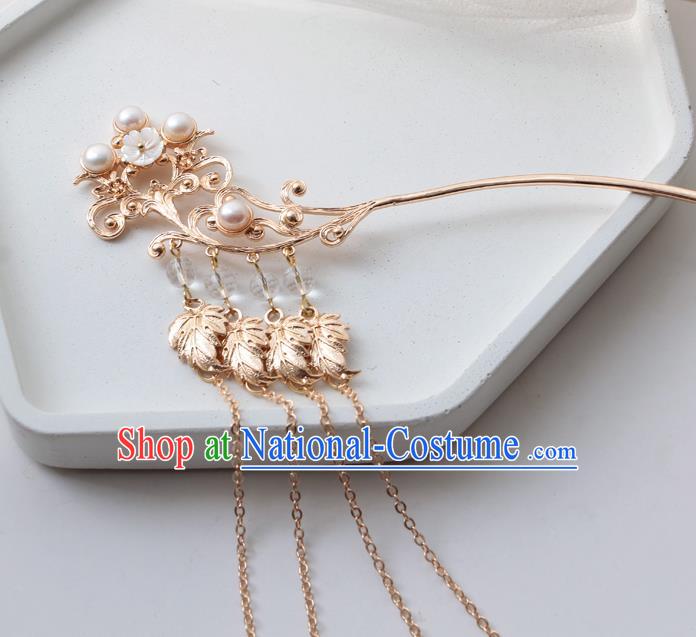 Chinese Classical Pearls Tassel Hair Stick Handmade Hanfu Hair Accessories Ancient Ming Dynasty Princess Golden Hairpins