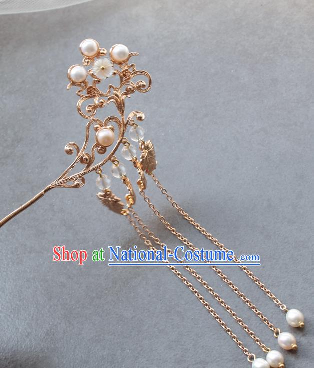 Chinese Classical Pearls Tassel Hair Stick Handmade Hanfu Hair Accessories Ancient Ming Dynasty Princess Golden Hairpins