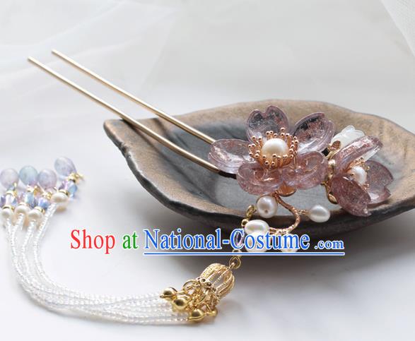 Chinese Classical Lilac Sakura Hair Stick Handmade Hanfu Hair Accessories Ancient Ming Dynasty Princess Beads Tassel Hairpins