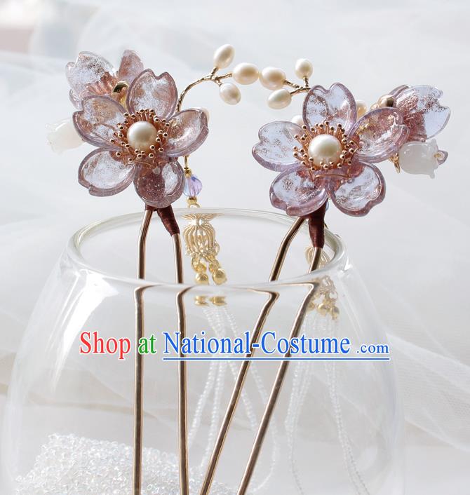 Chinese Classical Lilac Sakura Hair Stick Handmade Hanfu Hair Accessories Ancient Ming Dynasty Princess Beads Tassel Hairpins