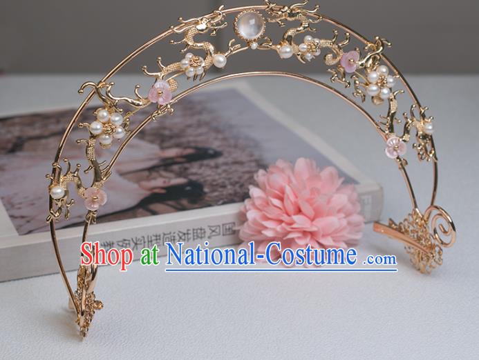 Chinese Classical Court Golden Dragon Hair Crown Handmade Hanfu Hair Accessories Ancient Song Dynasty Princess Pearls Hairpins