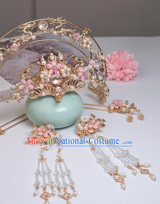 Chinese Classical Court Golden Dragon Hair Crown Handmade Hanfu Hair Accessories Ancient Song Dynasty Princess Pearls Hairpins