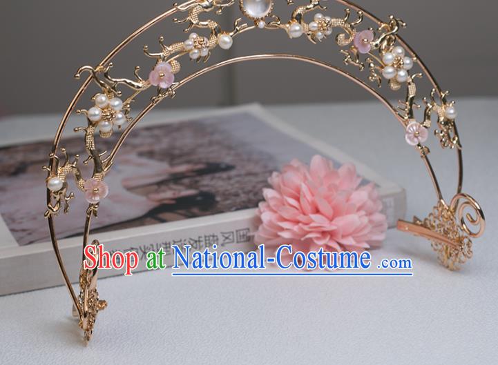 Chinese Classical Court Golden Dragon Hair Crown Handmade Hanfu Hair Accessories Ancient Song Dynasty Princess Pearls Hairpins