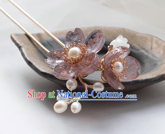 Chinese Classical Lilac Sakura Hair Stick Handmade Hanfu Hair Accessories Ancient Ming Dynasty Princess Beads Tassel Hairpins