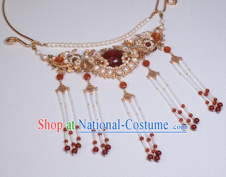 Chinese Handmade Agate Necklet Classical Jewelry Accessories Ancient Ming Dynasty Princess Hanfu Pearls Tassel Necklace for Women