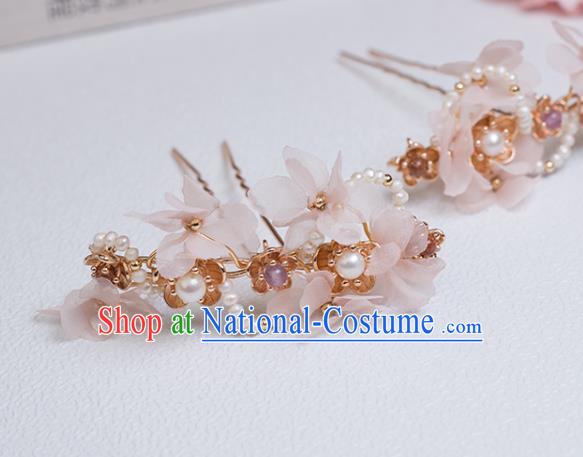 Chinese Classical Court Pearls Hair Stick Handmade Hanfu Hair Accessories Ancient Ming Dynasty Princess Pink Silk Flowers Hairpins